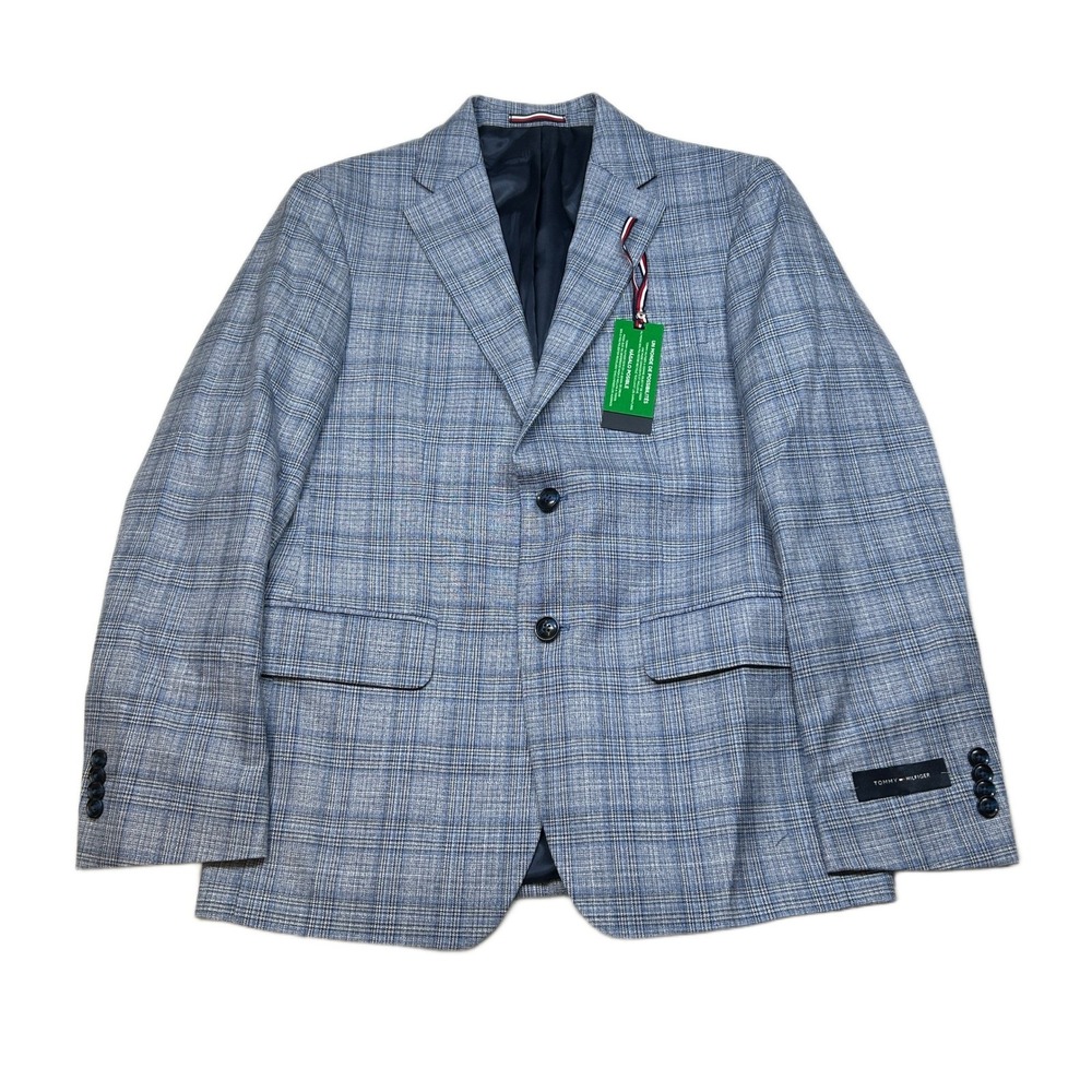 Tommy Hilfiger Conrad Sport Coat Mens 36S 36 Light Blue Plaid Stretch‎ NEW $295